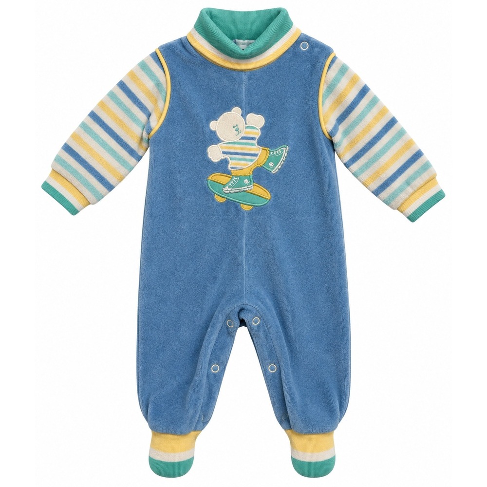 Health-tex 9 Months Jumpsuit Blue Velour Skateboard Bear Vintage 80s 90s USA